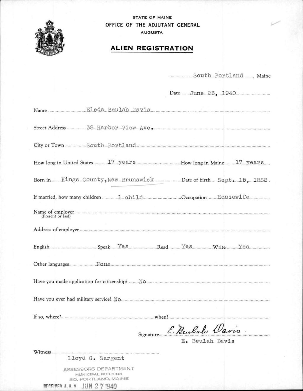 Miniature of Alien Registration- Davis, Eleda B. (Portland, Cumberland County)