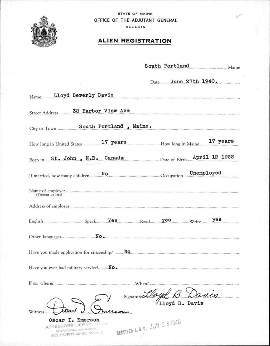 Miniature of Alien Registration- Davis, Lloyd B. (Portland, Cumberland County)