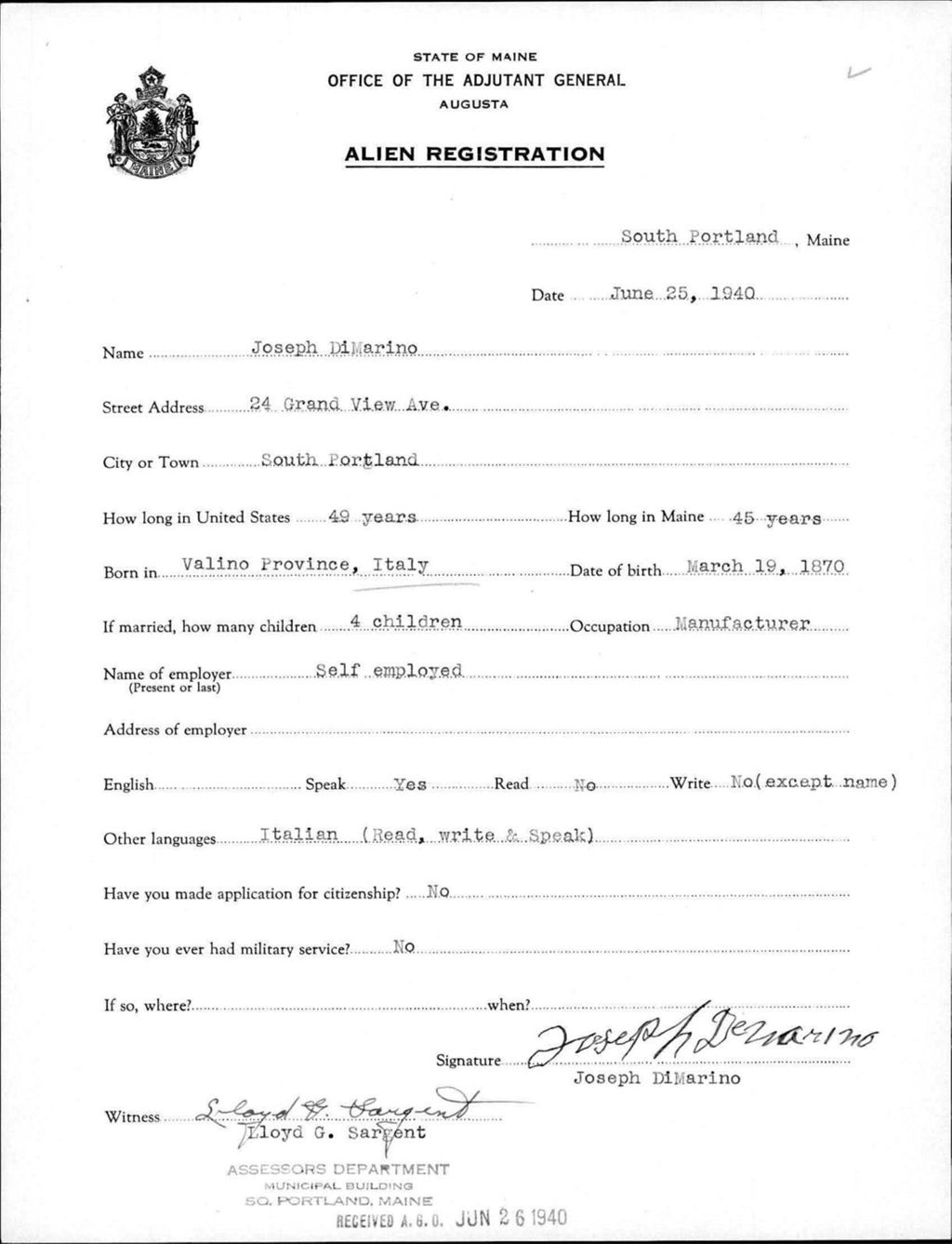 Miniature of Alien Registration- Dimarino, Joseph (Portland, Cumberland County)