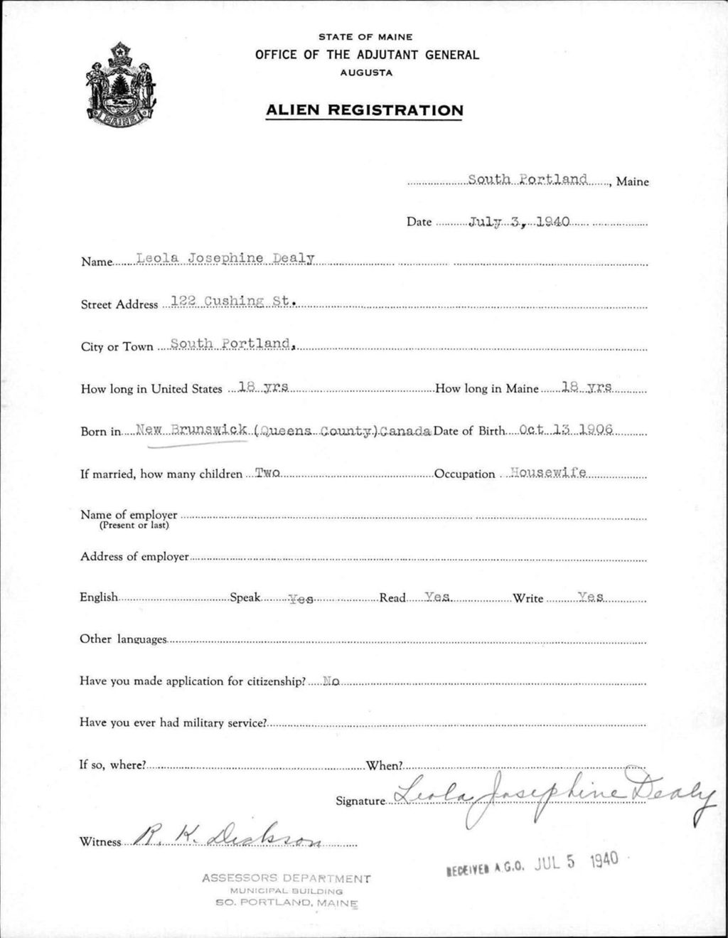 Miniature of Alien Registration- Dealy, Leola J. (Portland, Cumberland County)