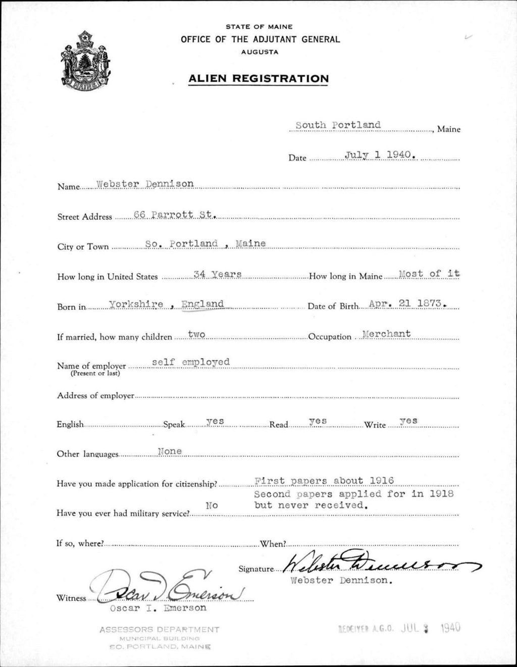 Miniature of Alien Registration- Dennison, Webster (Portland, Cumberland County)