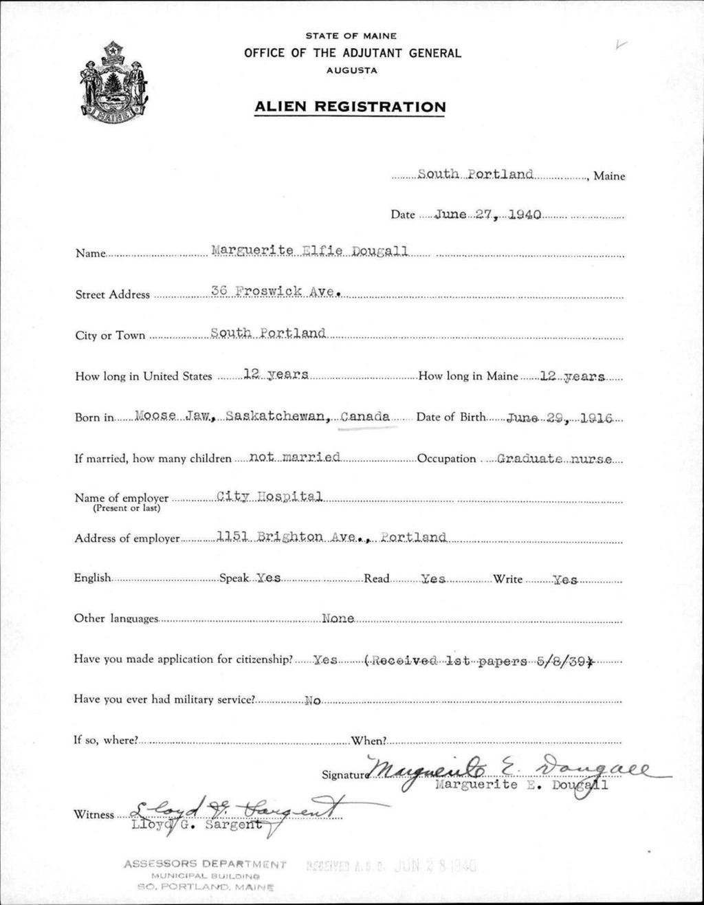Miniature of Alien Registration- Dougall, Marguerite E. (Portland, Cumberland County)