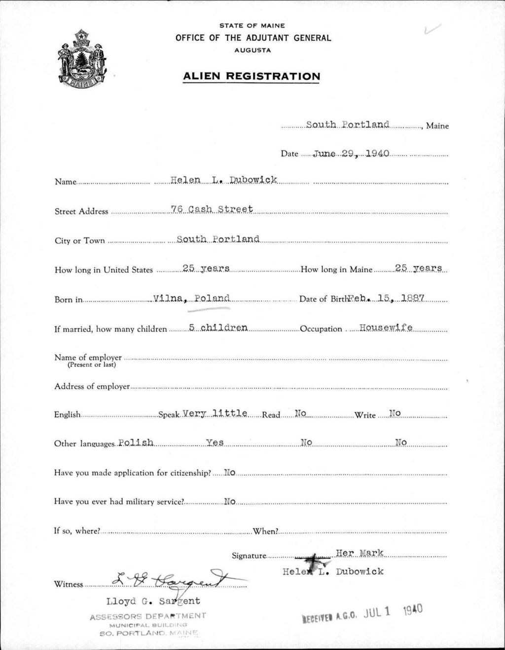Miniature of Alien Registration- Dubowick, Helen L. (Portland, Cumberland County)