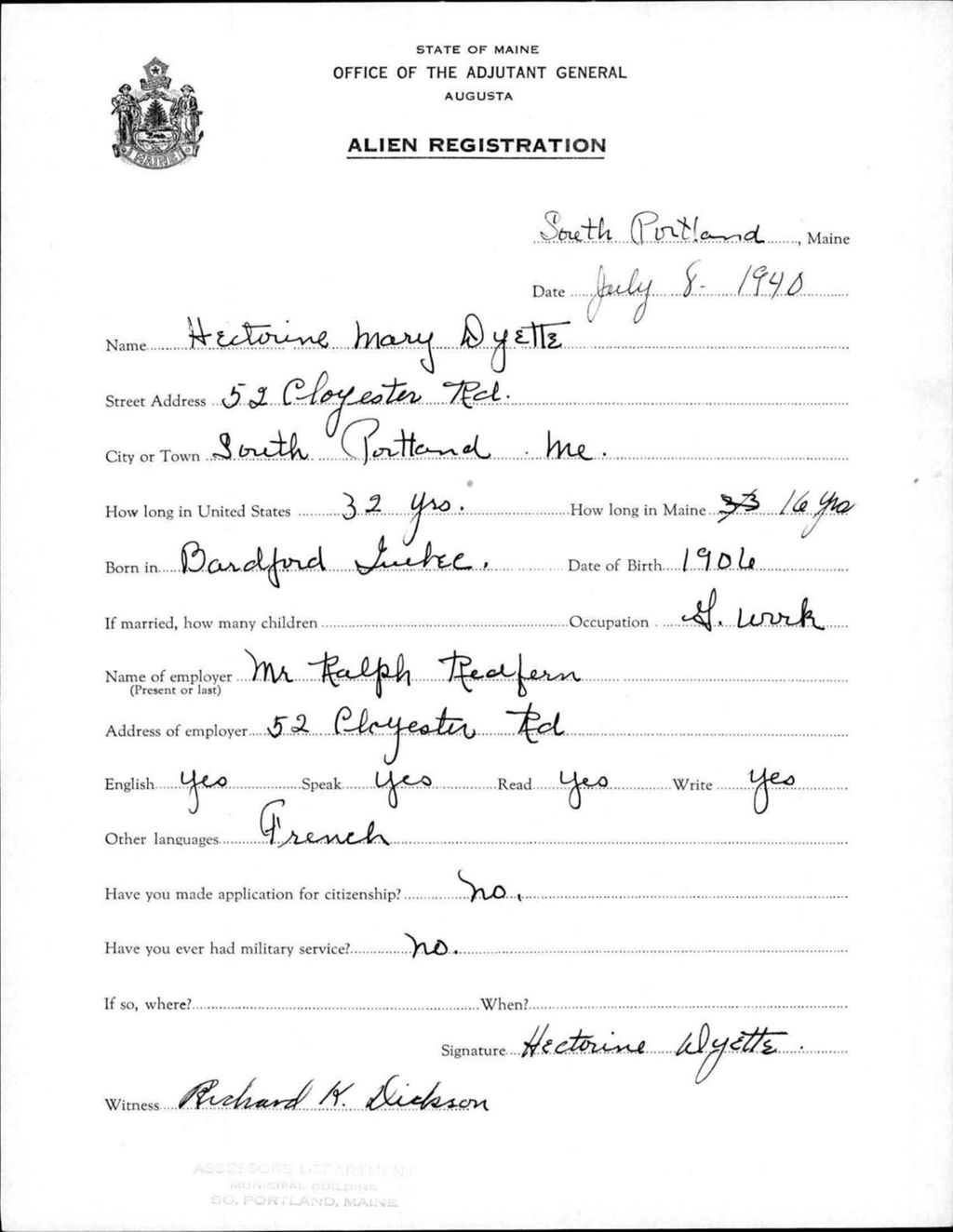 Miniature of Alien Registration- Dyette, Hectorine M. (Portland, Cumberland County)