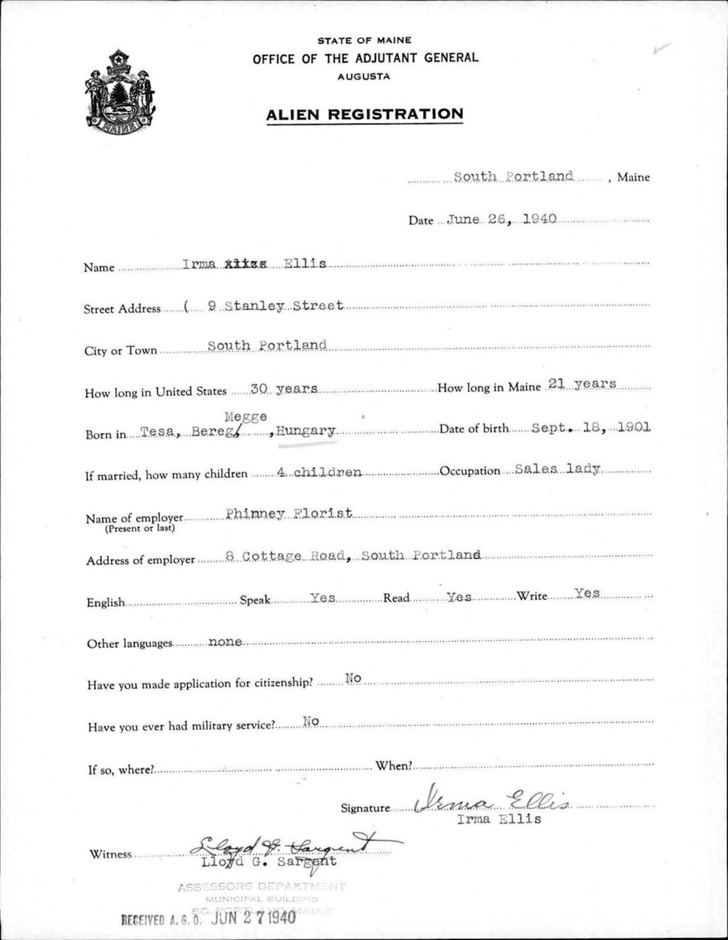 Miniature of Alien Registration- Ellis, Irma (Portland, Cumberland County)