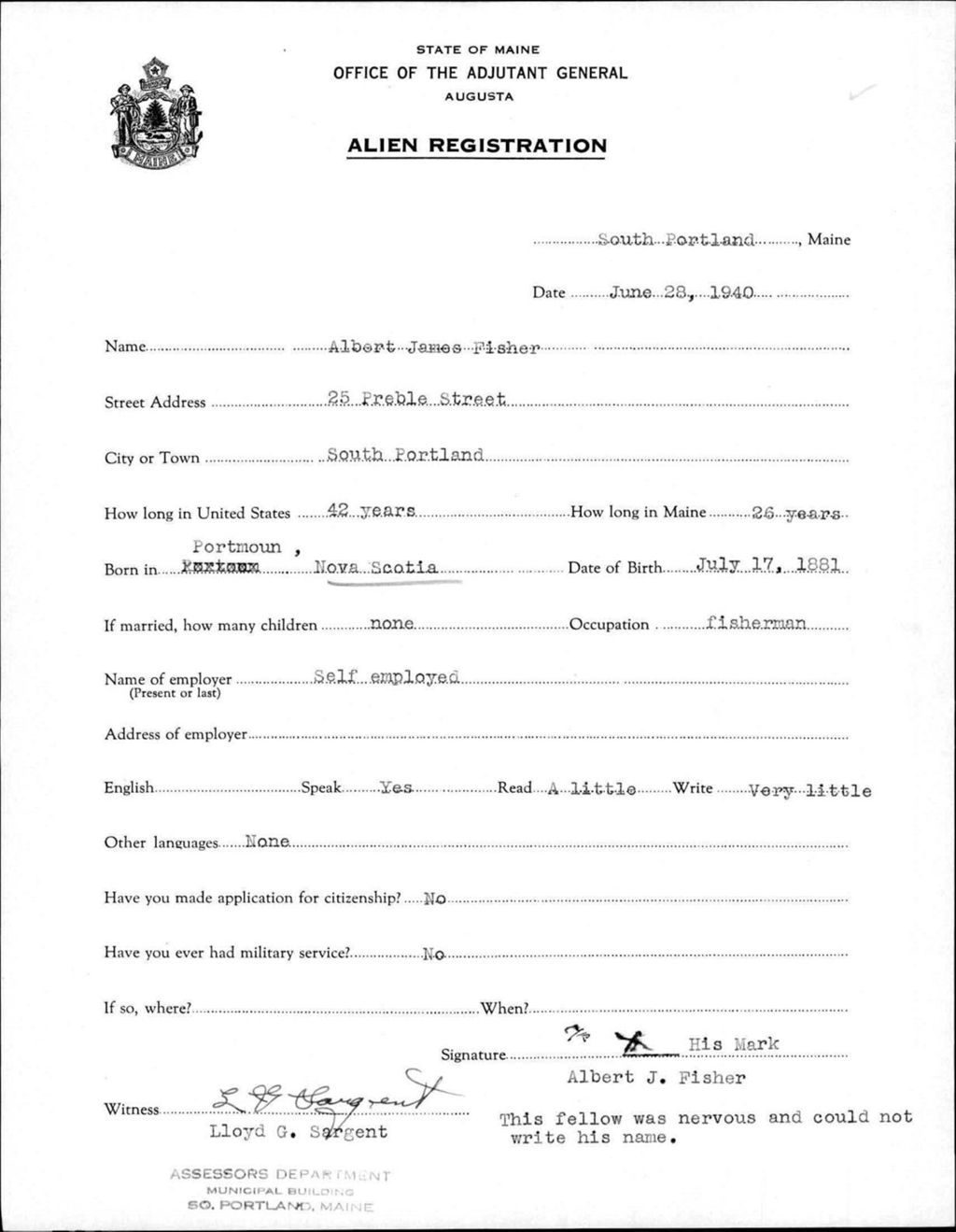 Miniature of Alien Registration- Fisher, Albert J. (Portland, Cumberland County)