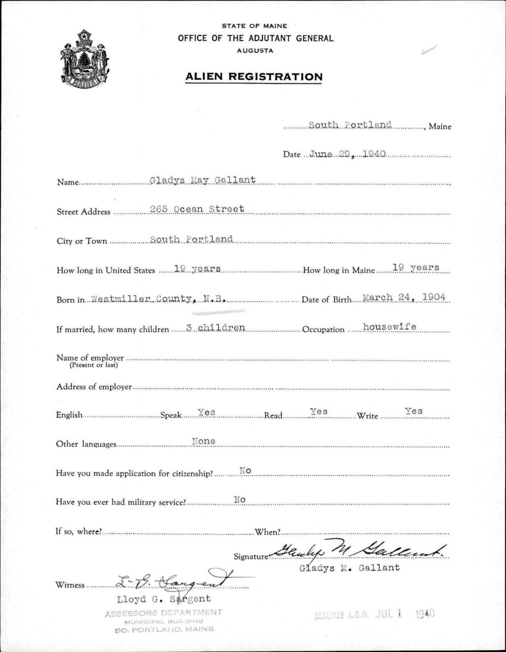 Miniature of Alien Registration- Gallant, Gladys M. (Portland, Cumberland County)