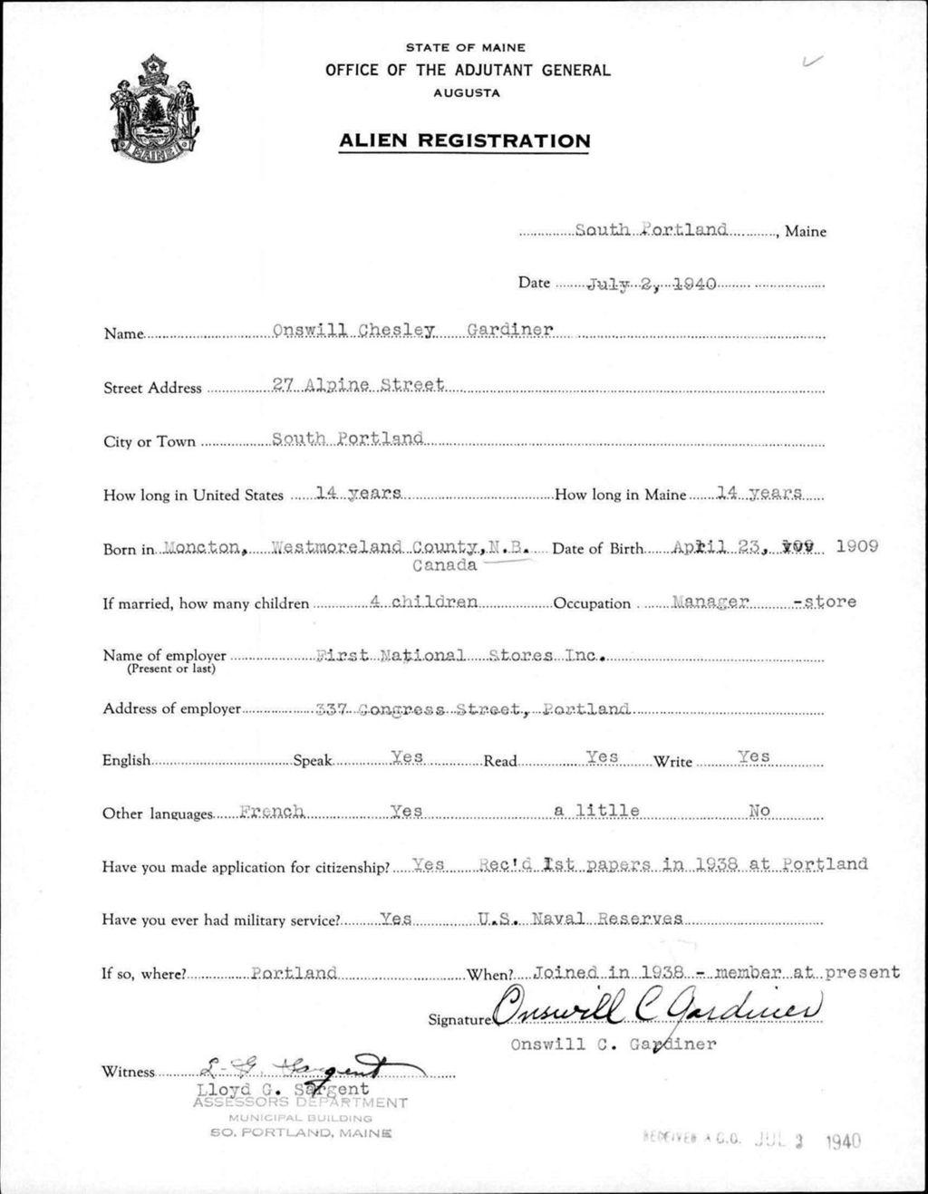 Miniature of Alien Registration- Gardiner, Onswill C. (Portland, Cumberland County)