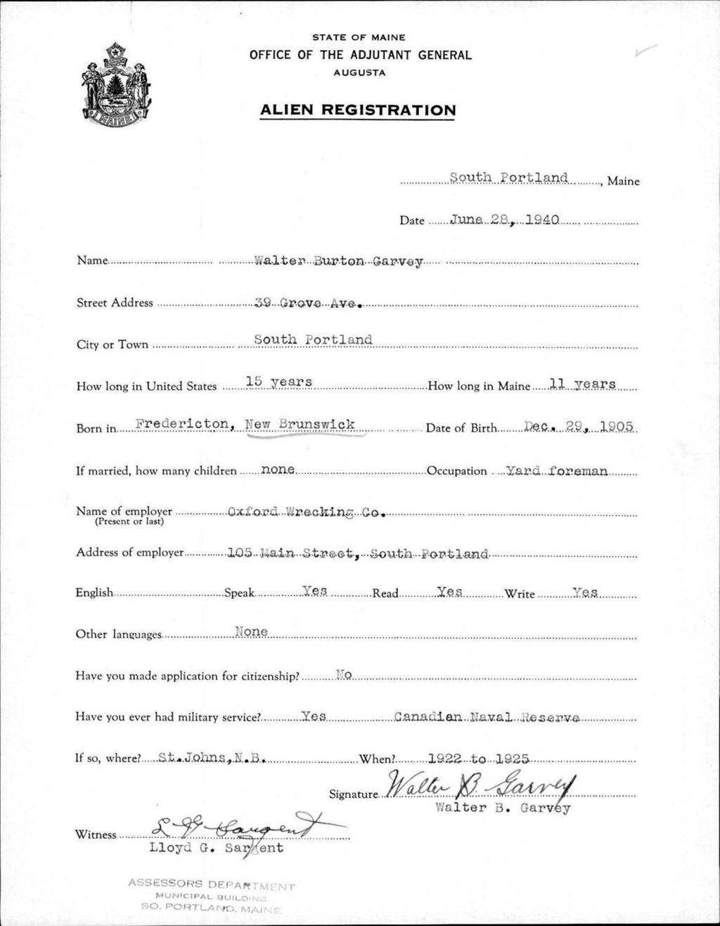Miniature of Alien Registration- Garvey, Walter B. (Portland, Cumberland County)