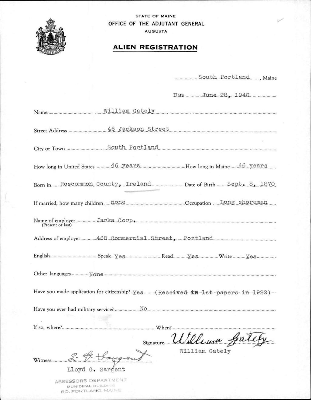 Miniature of Alien Registration- Gately, William (Portland, Cumberland County)