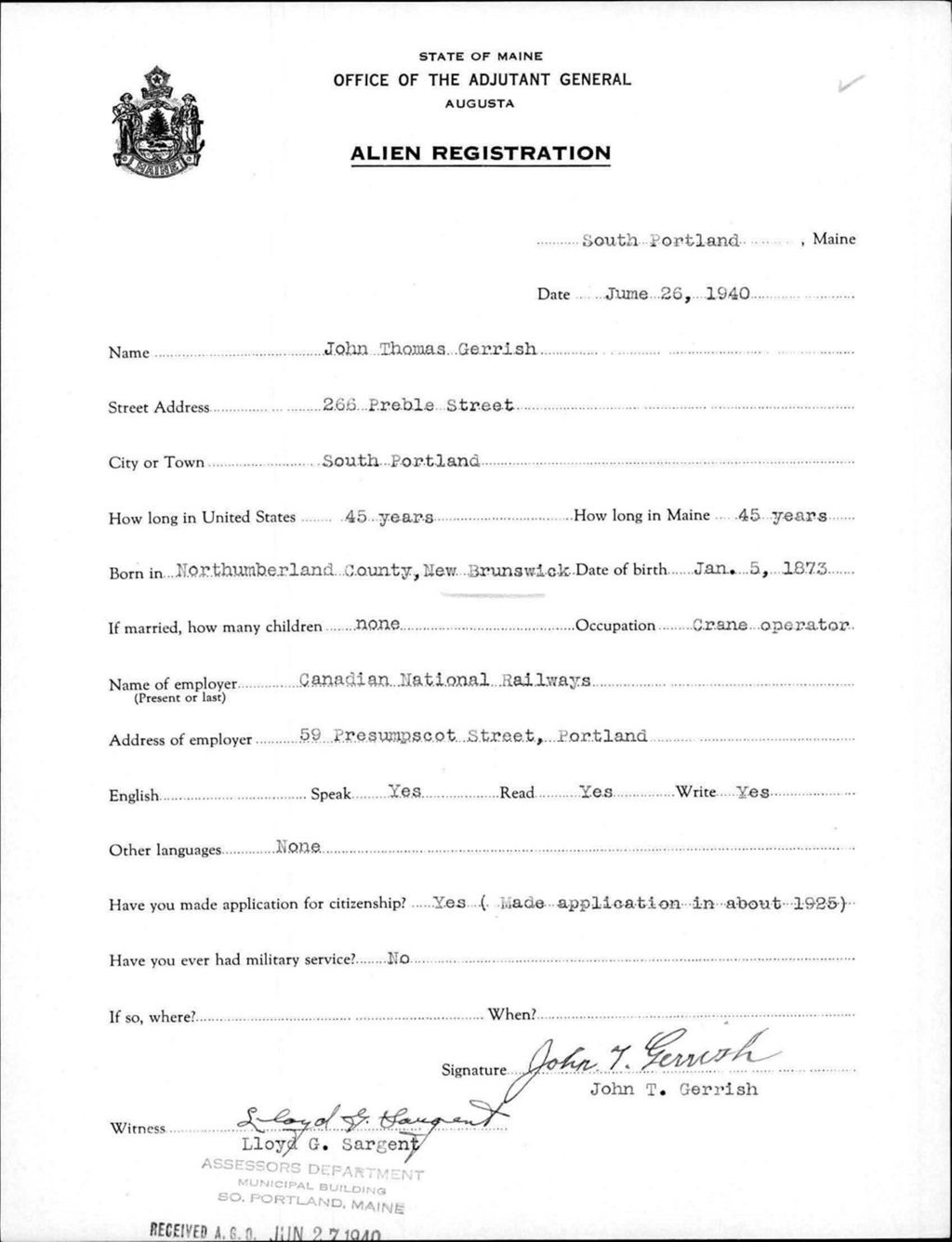 Miniature of Alien Registration- Gerrish, John T. (Portland, Cumberland County)