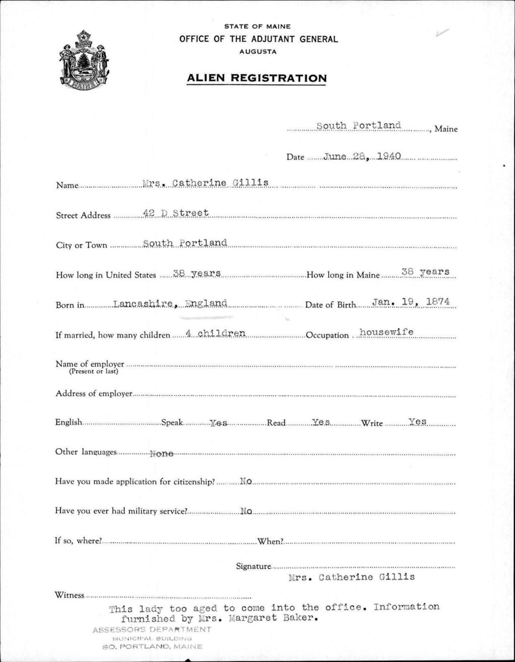 Miniature of Alien Registration- Gillis, Catherine (Portland, Cumberland County)