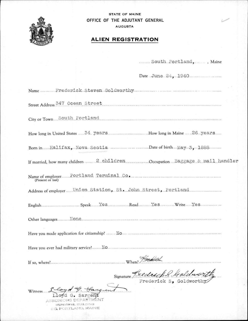 Miniature of Alien Registration- Goldworthy, Frederick S. (Portland, Cumberland County)