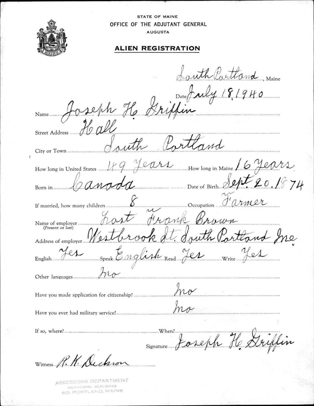 Miniature of Alien Registration- Griffin, Joseph H. (Portland, Cumberland County)
