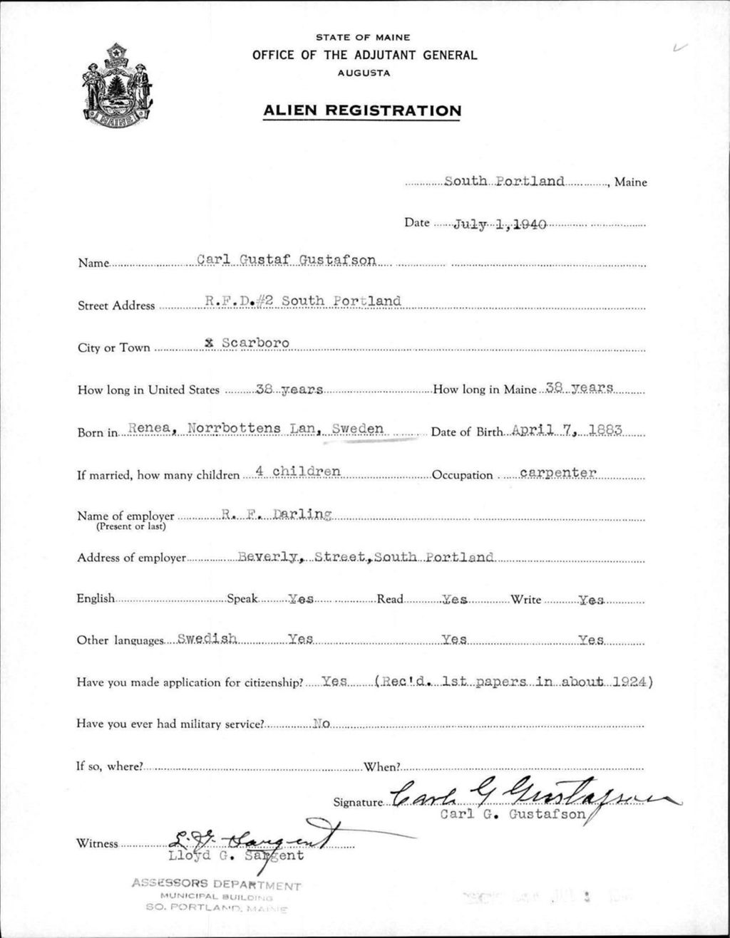 Miniature of Alien Registration- Gustafson, Carl G. (Portland, Cumberland County)