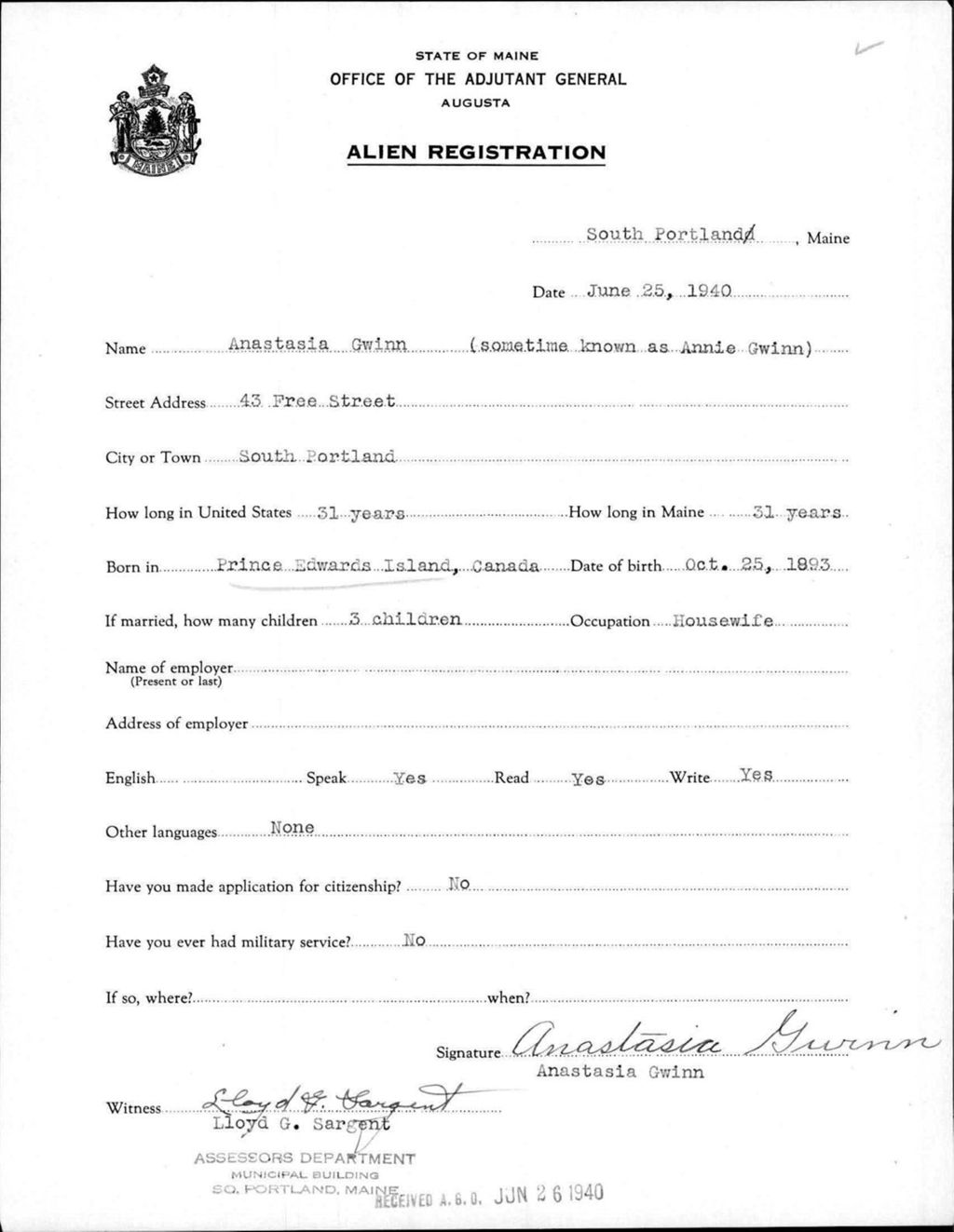 Miniature of Alien Registration- Gwinn, Anastasia (Portland, Cumberland County)