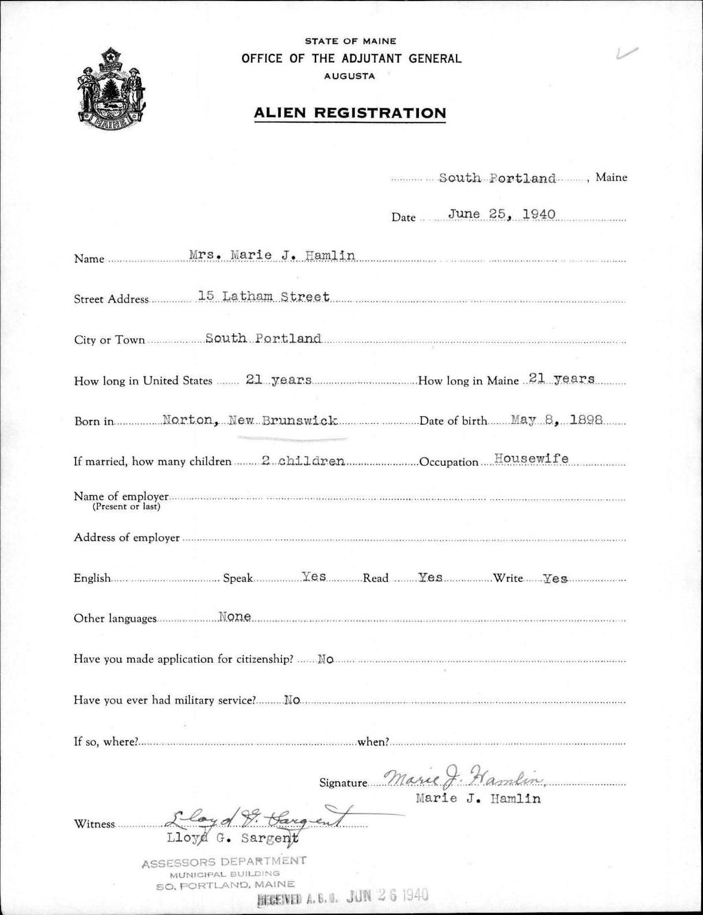 Miniature of Alien Registration- Hamlin, Marie J. (Portland, Cumberland County)