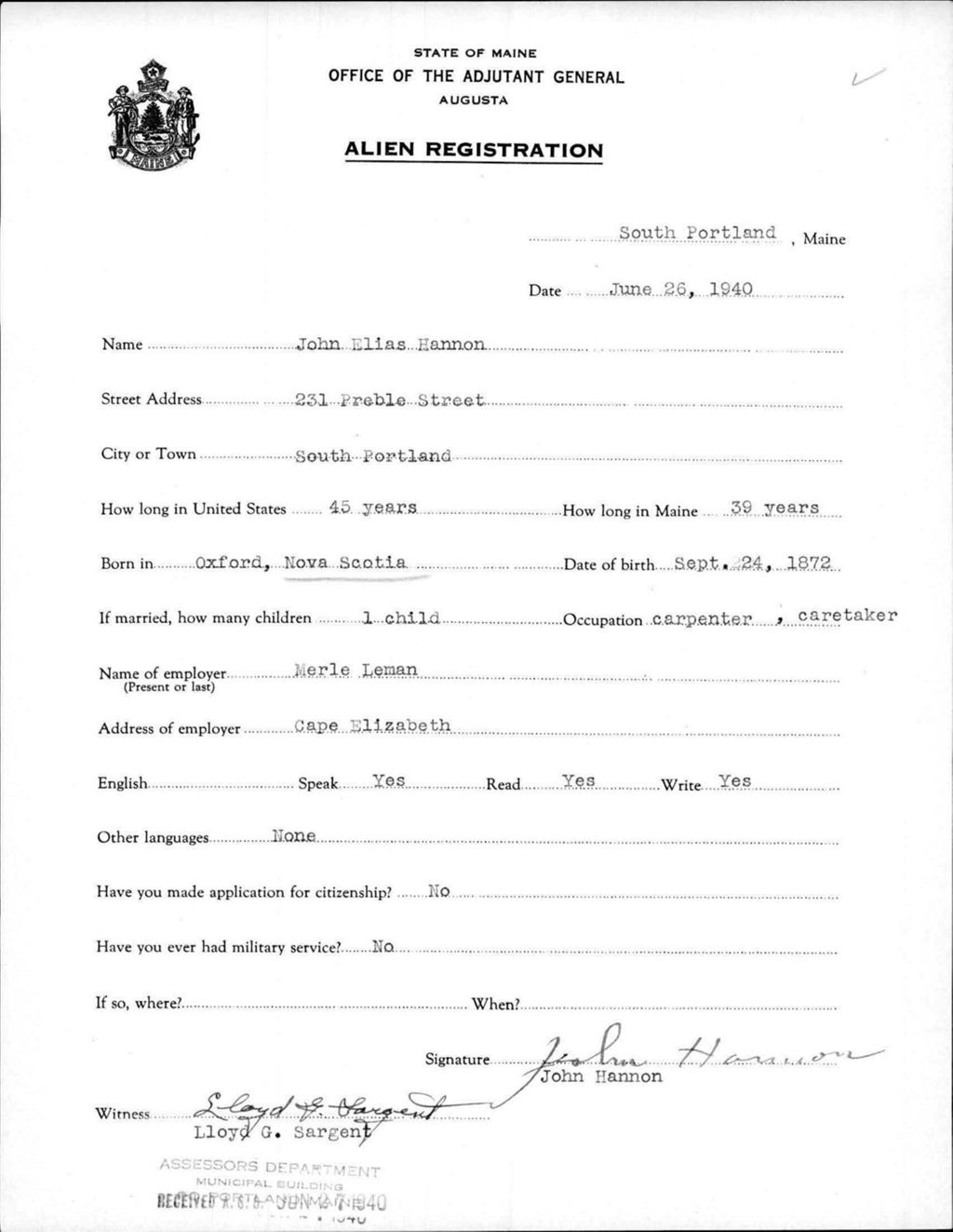 Miniature of Alien Registration- Hannon, John E. (Portland, Cumberland County)