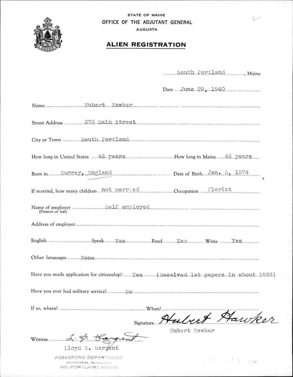 Miniature of Alien Registration- Hawker, Hubert (Portland, Cumberland County)