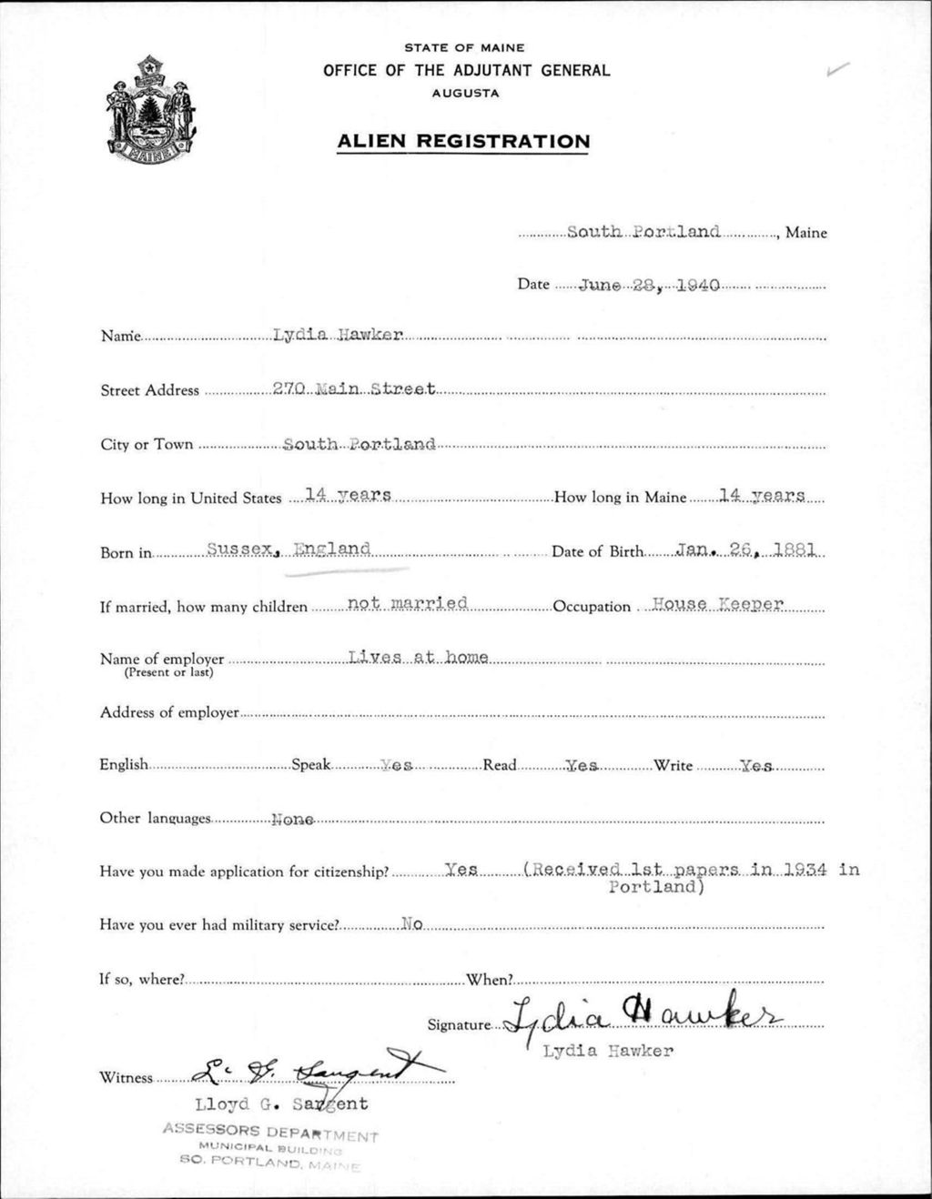 Miniature of Alien Registration- Hawker, Lydia (Portland, Cumberland County)