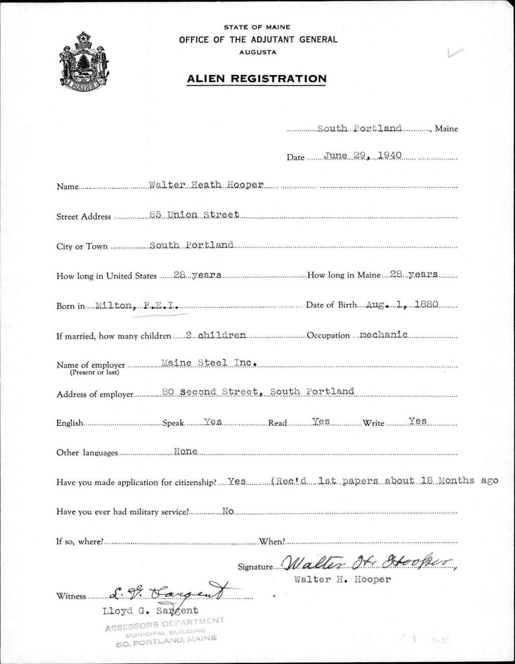 Miniature of Alien Registration- Hooper, Walter H. (Portland, Cumberland County)
