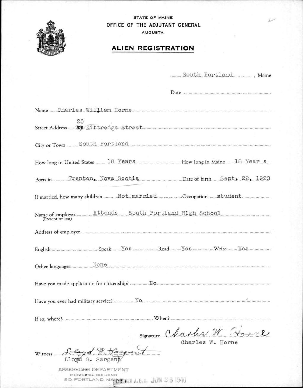 Miniature of Alien Registration- Horne, Charles W. (Portland, Cumberland County)