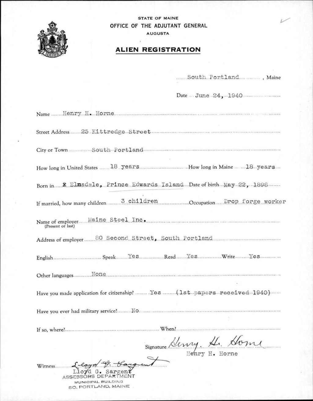 Miniature of Alien Registration- Horne, Henry H. (Portland, Cumberland County)