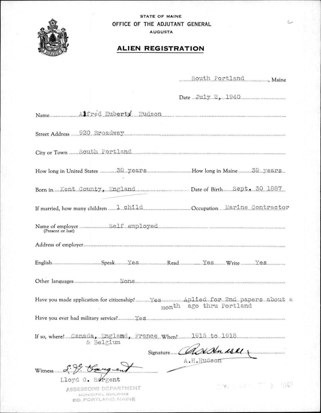 Miniature of Alien Registration- Hudson, Alfred H. (Portland, Cumberland County)