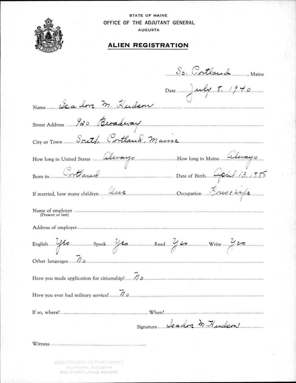 Miniature of Alien Registration- Hudson, Isadore M. (Portland, Cumberland County)
