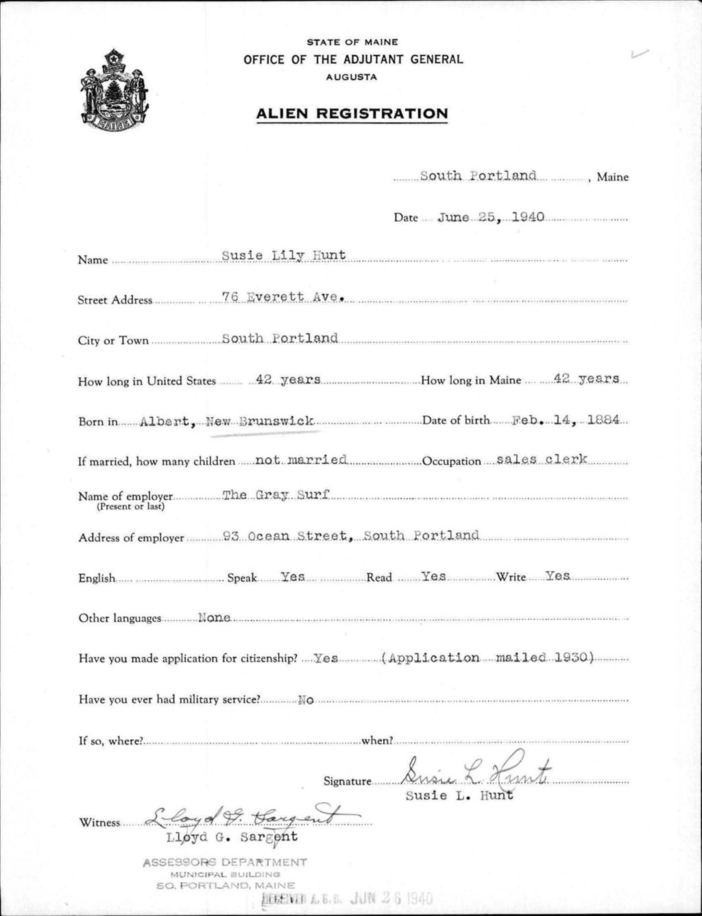 Miniature of Alien Registration- Hunt, Susie L. (Portland, Cumberland County)