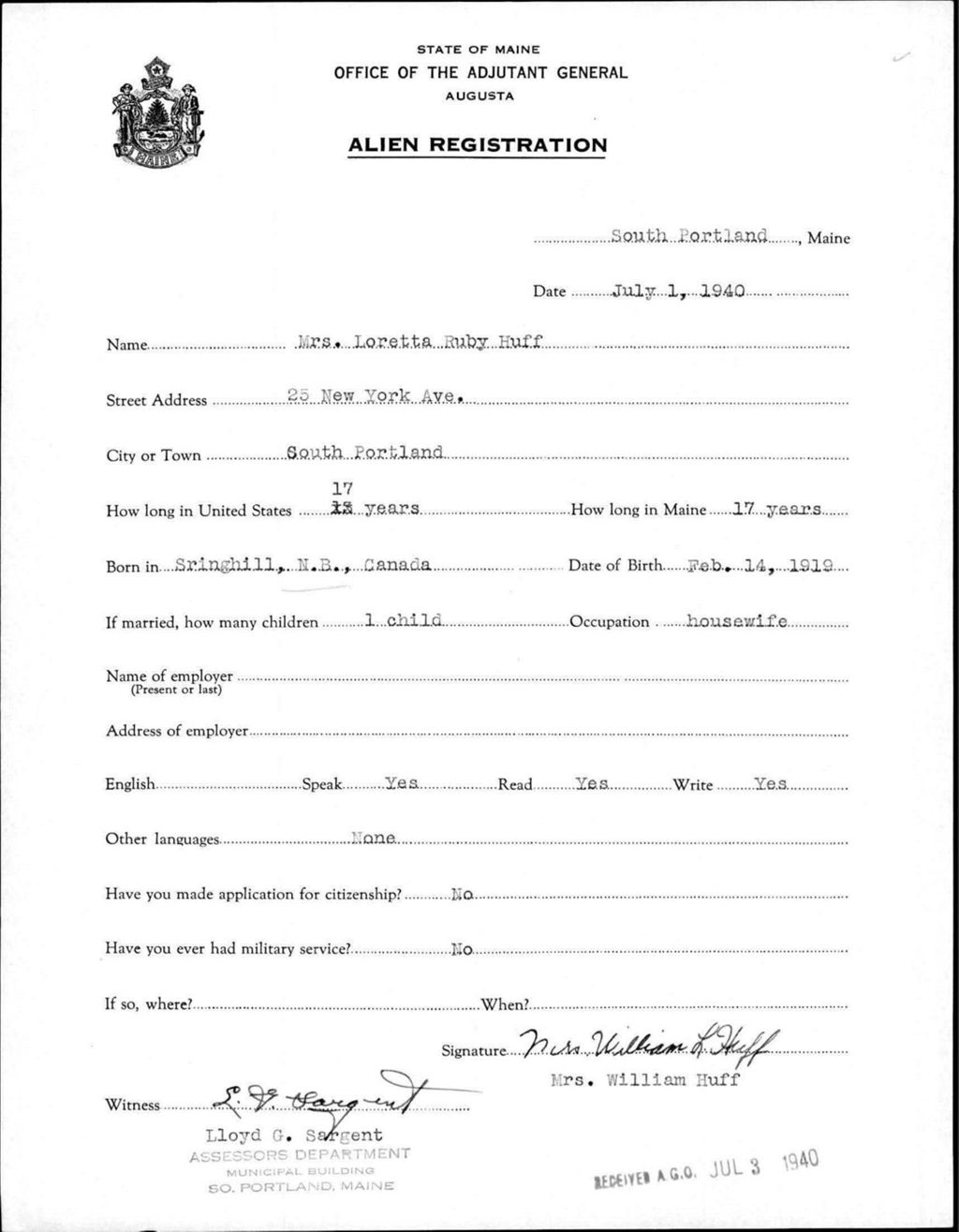 Miniature of Alien Registration- Huff, Loretta R. (Portland, Cumberland County)