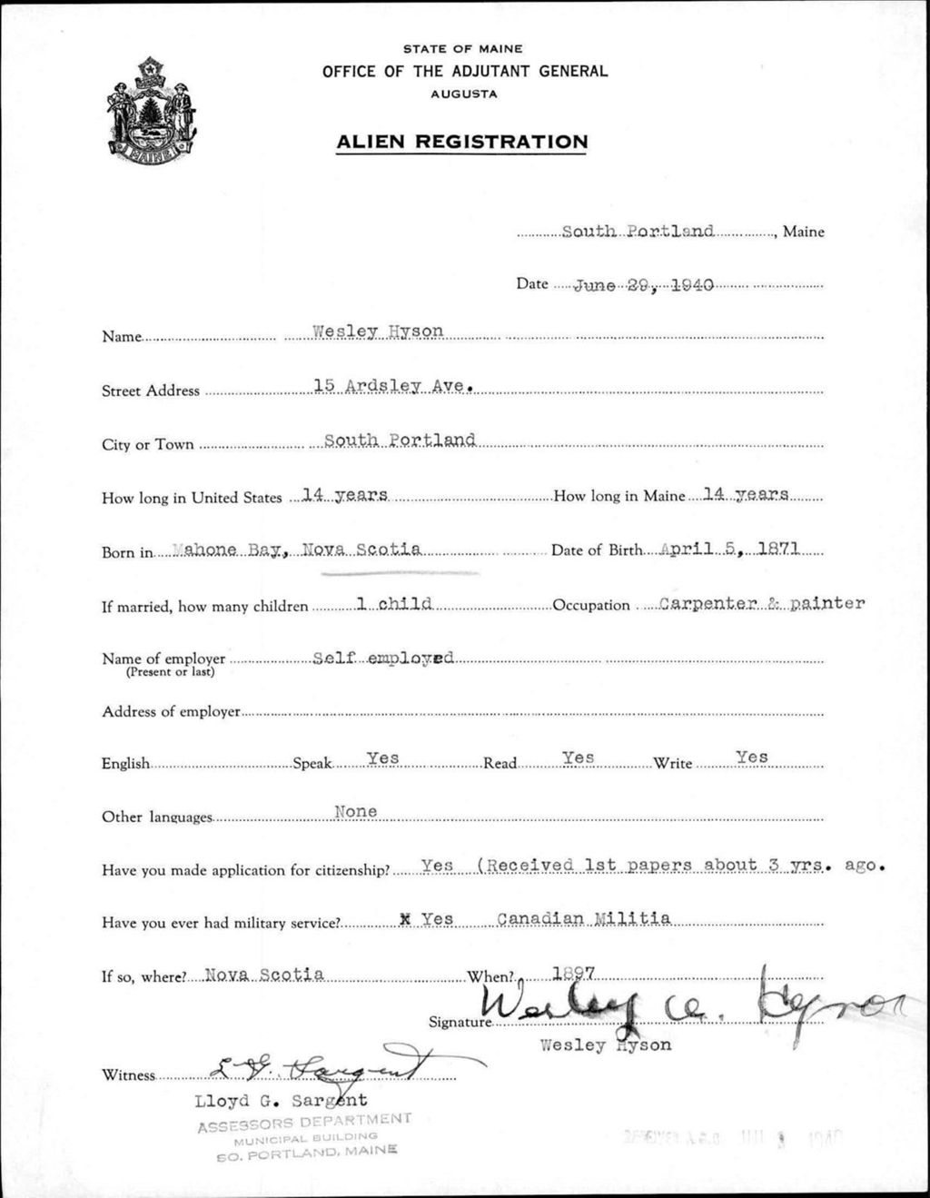 Miniature of Alien Registration- Hyson, Wesley (Portland, Cumberland County)