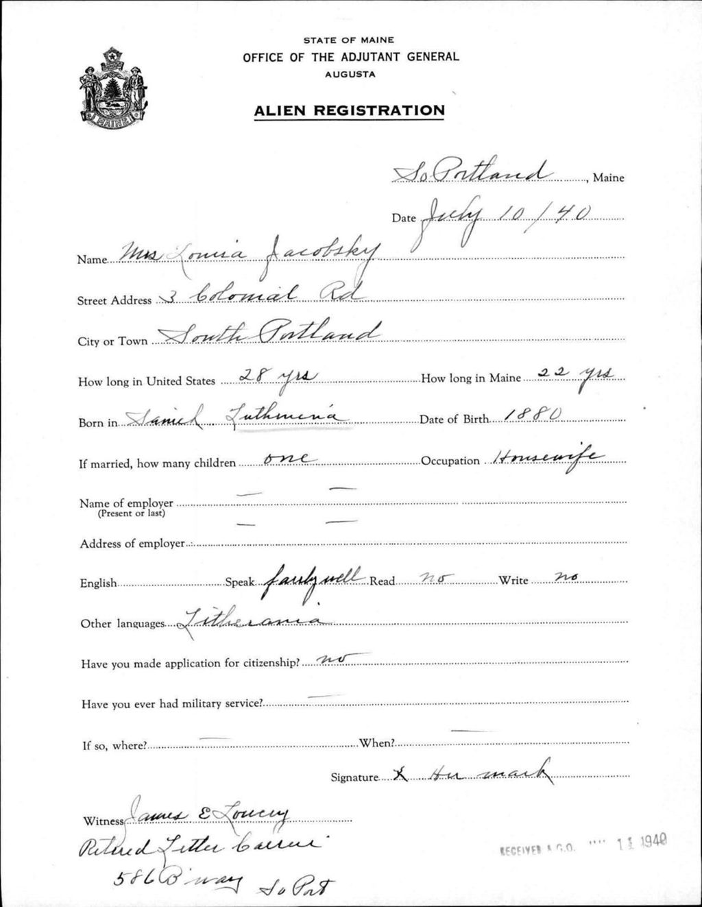 Miniature of Alien Registration- Jacobsky, Louisa (Portland, Cumberland County)