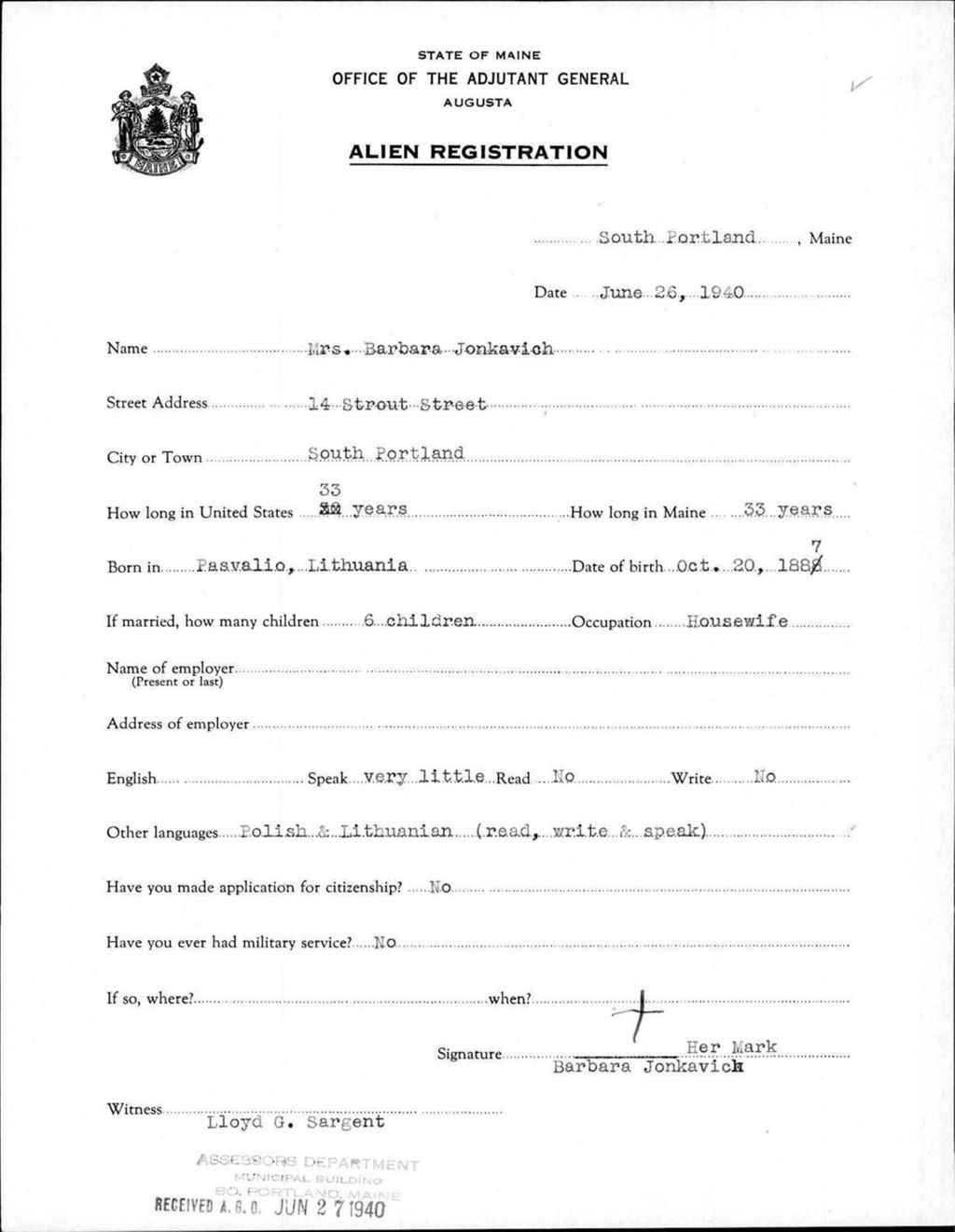 Miniature of Alien Registration- Jonkavich, Barbara (Portland, Cumberland County)