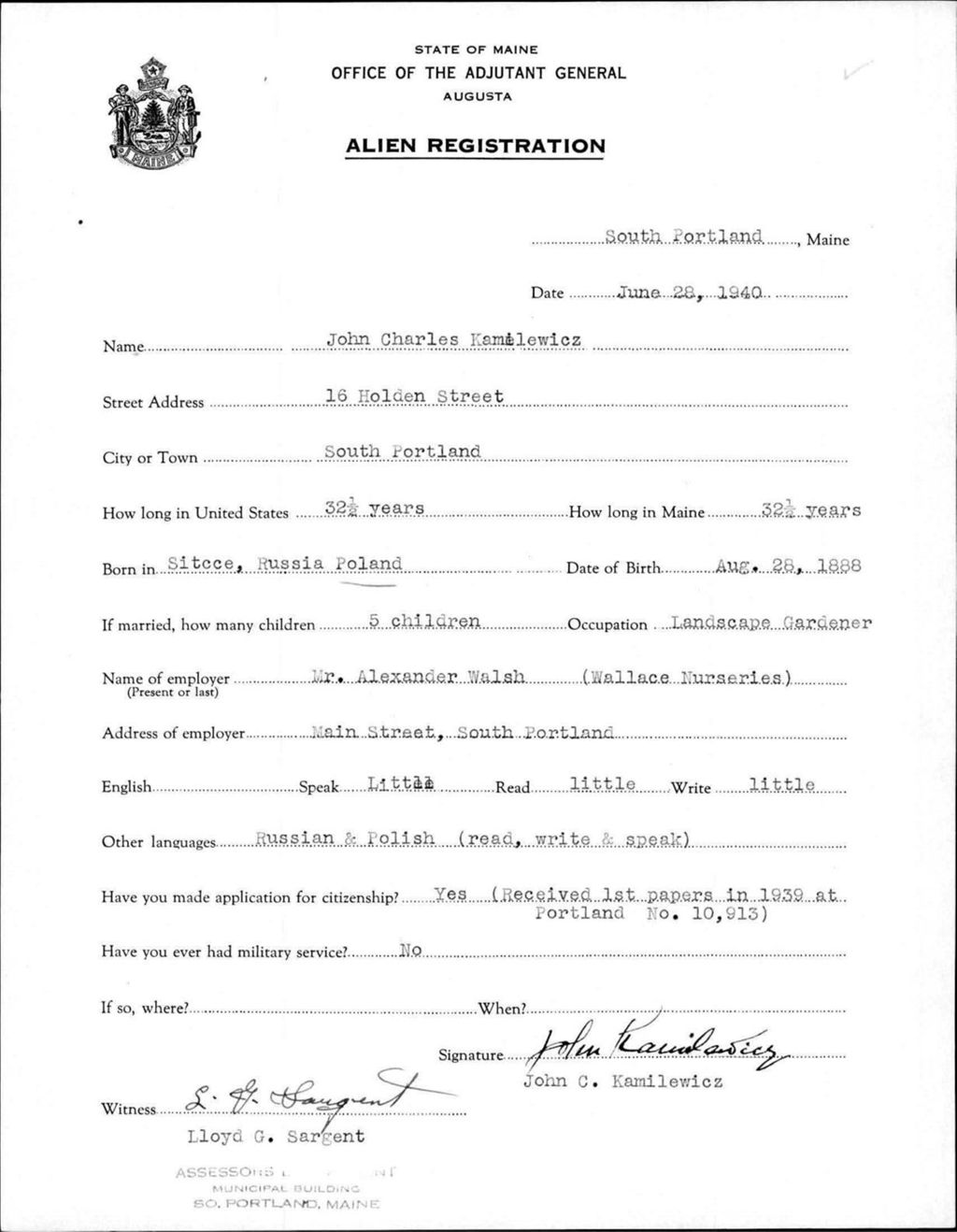 Miniature of Alien Registration- Kamelewicz, John C. (Portland, Cumberland County)