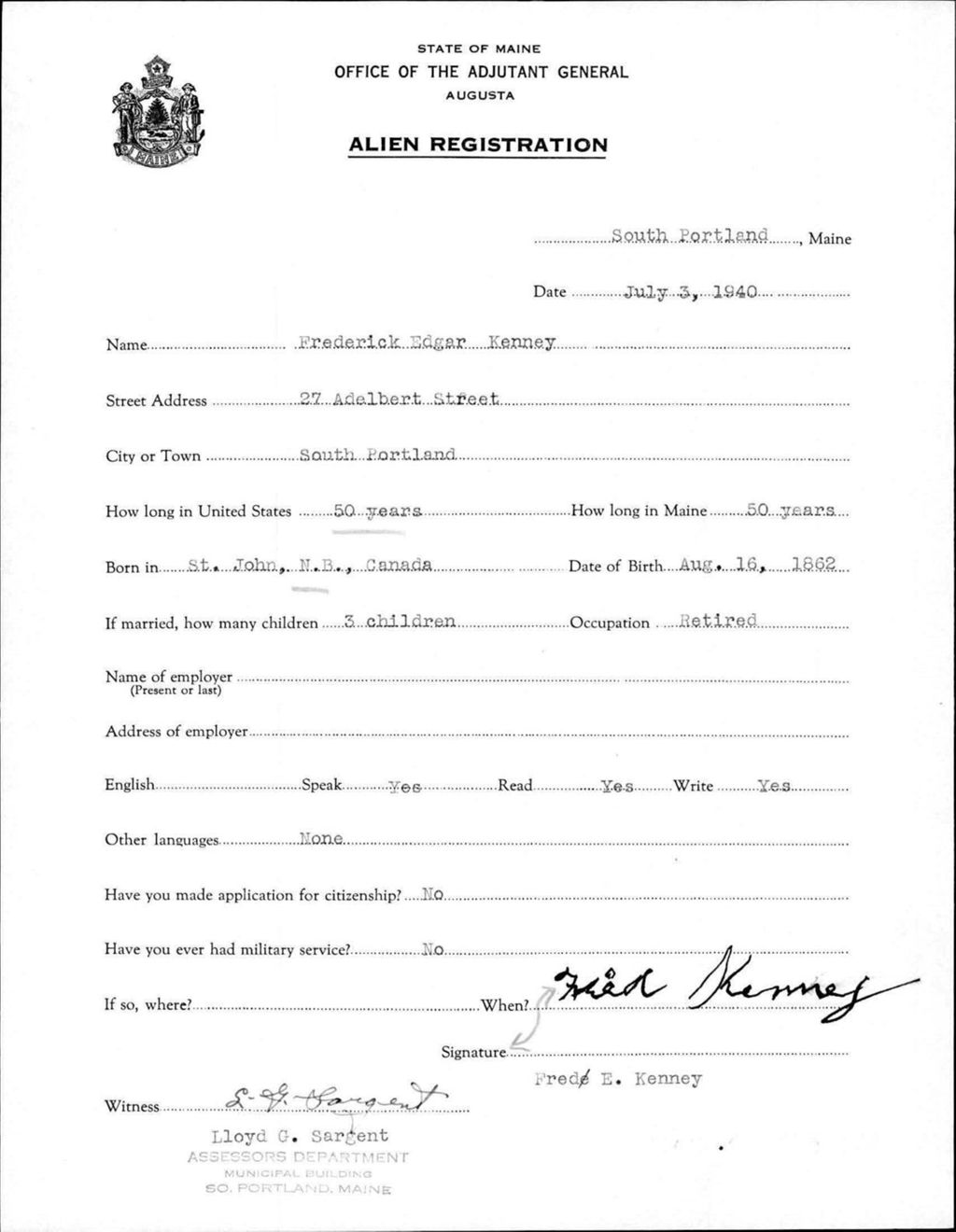 Miniature of Alien Registration- Kenney, Frederick E. (Portland, Cumberland County)