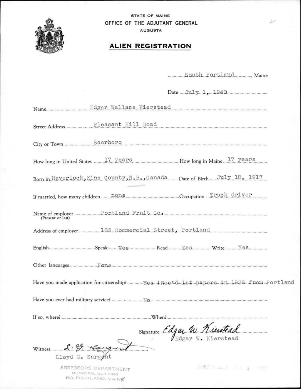 Miniature of Alien Registration- Kierstead, Edgar W. (Portland, Cumberland County)