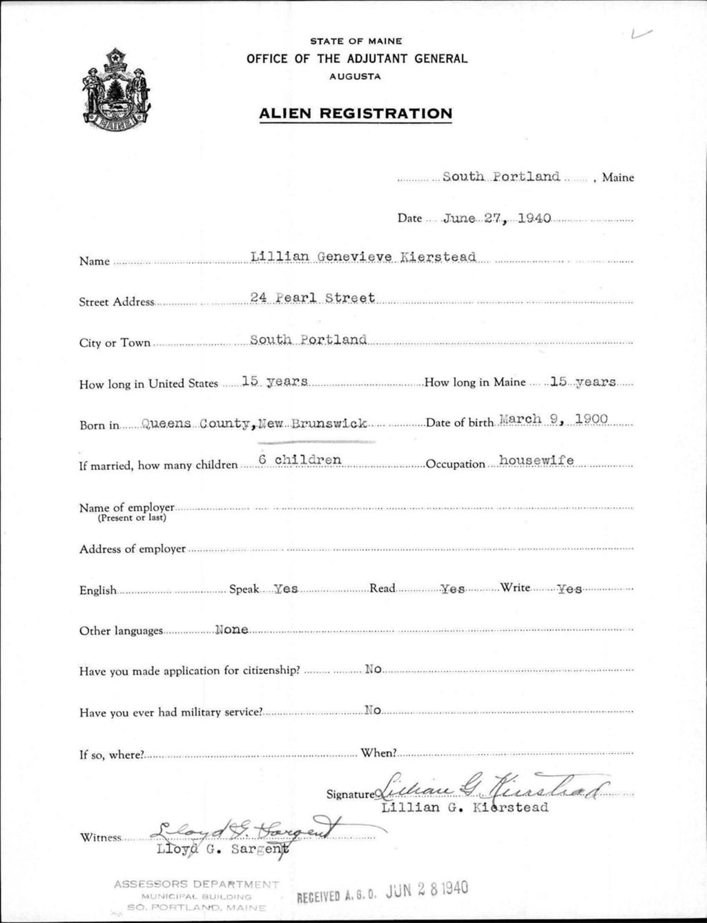 Miniature of Alien Registration- Kierstead, Lillian G. (Portland, Cumberland County)