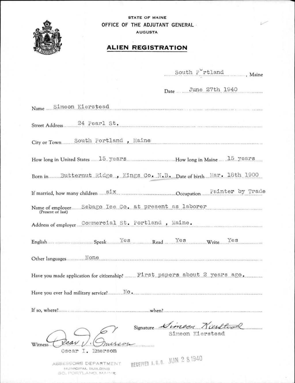 Miniature of Alien Registration- Kierstead, Simeon (Portland, Cumberland County)