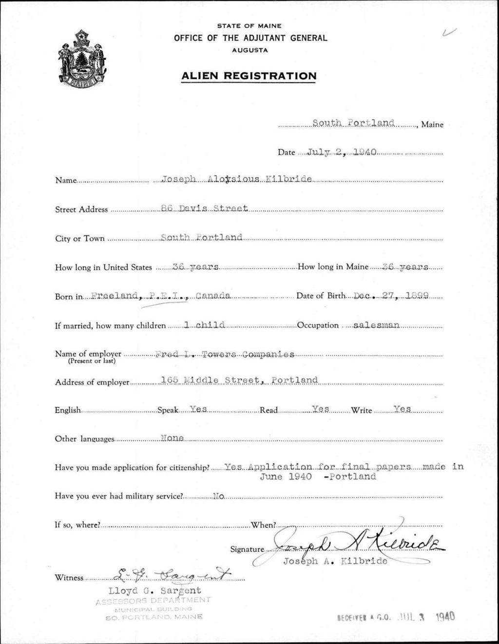 Miniature of Alien Registration- Kilbride, Joseph A. (Portland, Cumberland County)