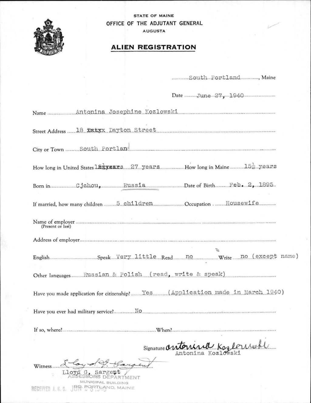 Miniature of Alien Registration- Kozlowski, Antonina J. (Portland, Cumberland County)