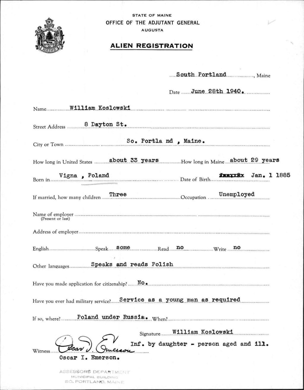 Miniature of Alien Registration- Koslowski, William (Portland, Cumberland County)