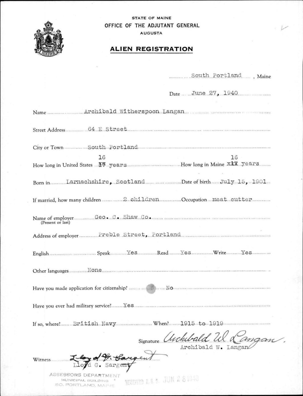 Miniature of Alien Registration- Langan, Archibald W. (South Portland, Cumberland County)