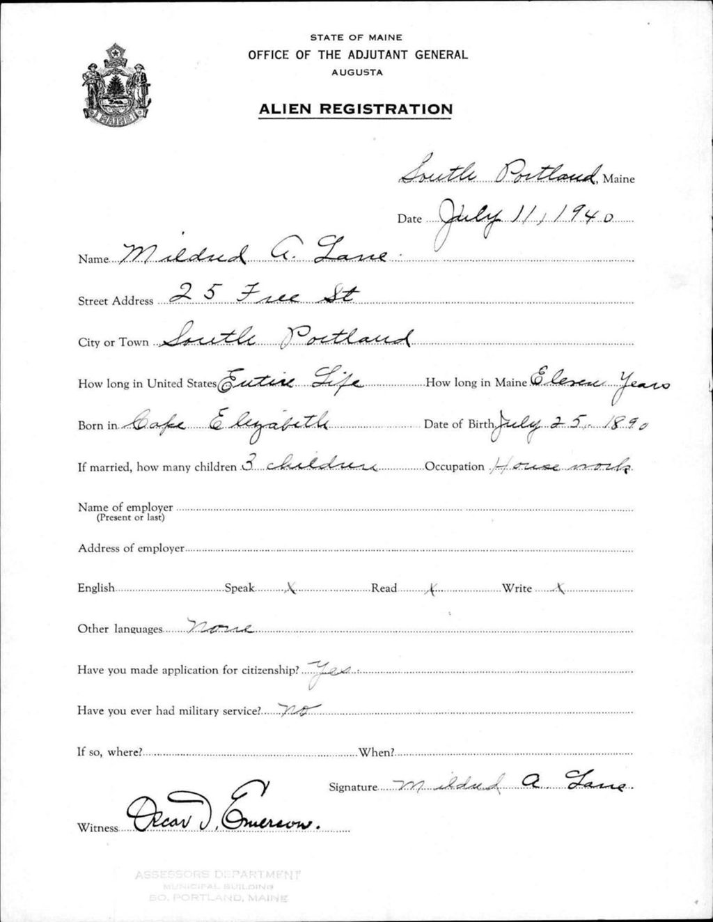 Miniature of Alien Registration- Lane, Mildred A. (South Portland, Cumberland County)