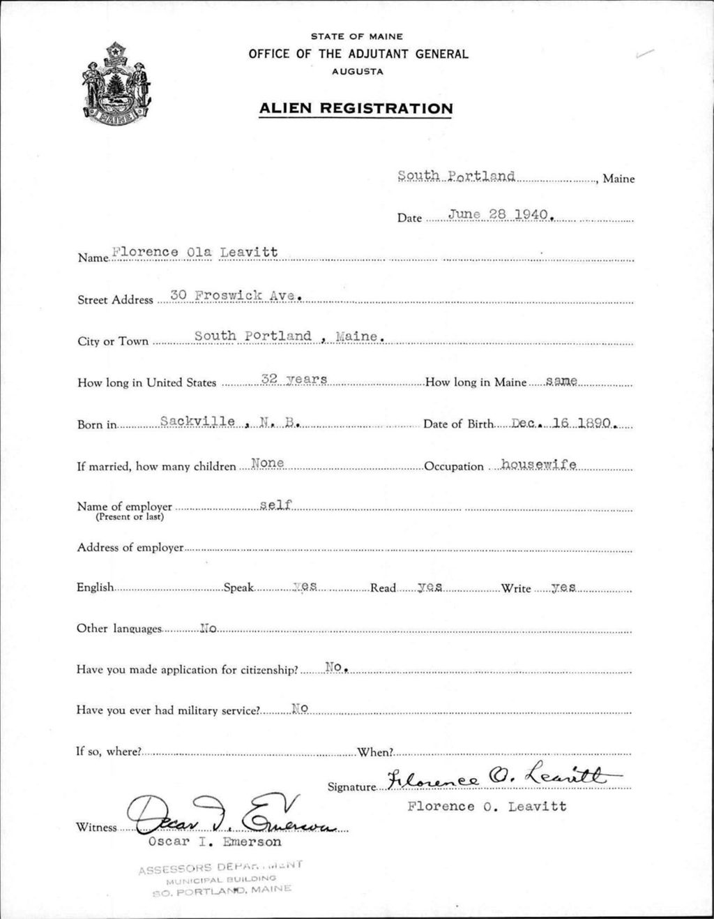 Miniature of Alien Registration- Leavitt, Florence O. (South Portland, Cumberland County)