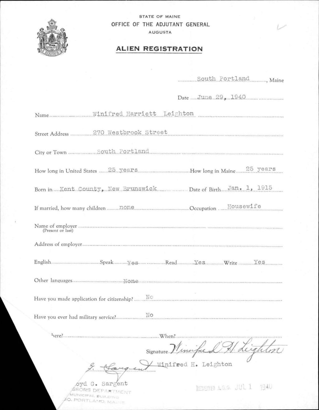 Miniature of Alien Registration- Leighton, Winifred H. (South Portland, Cumberland County)