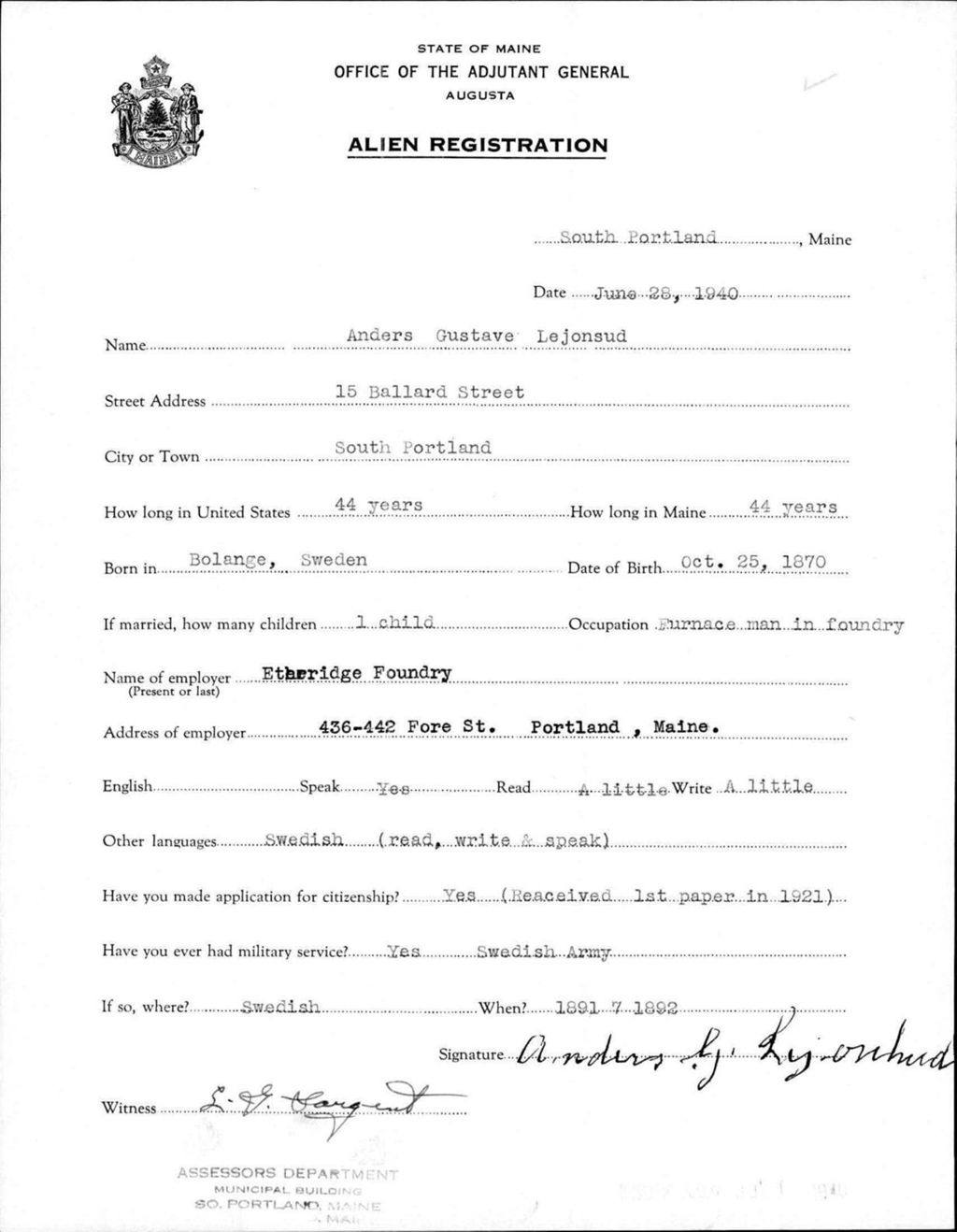 Miniature of Alien Registration- Lejonsud, Anders G. (South Portland, Cumberland County)