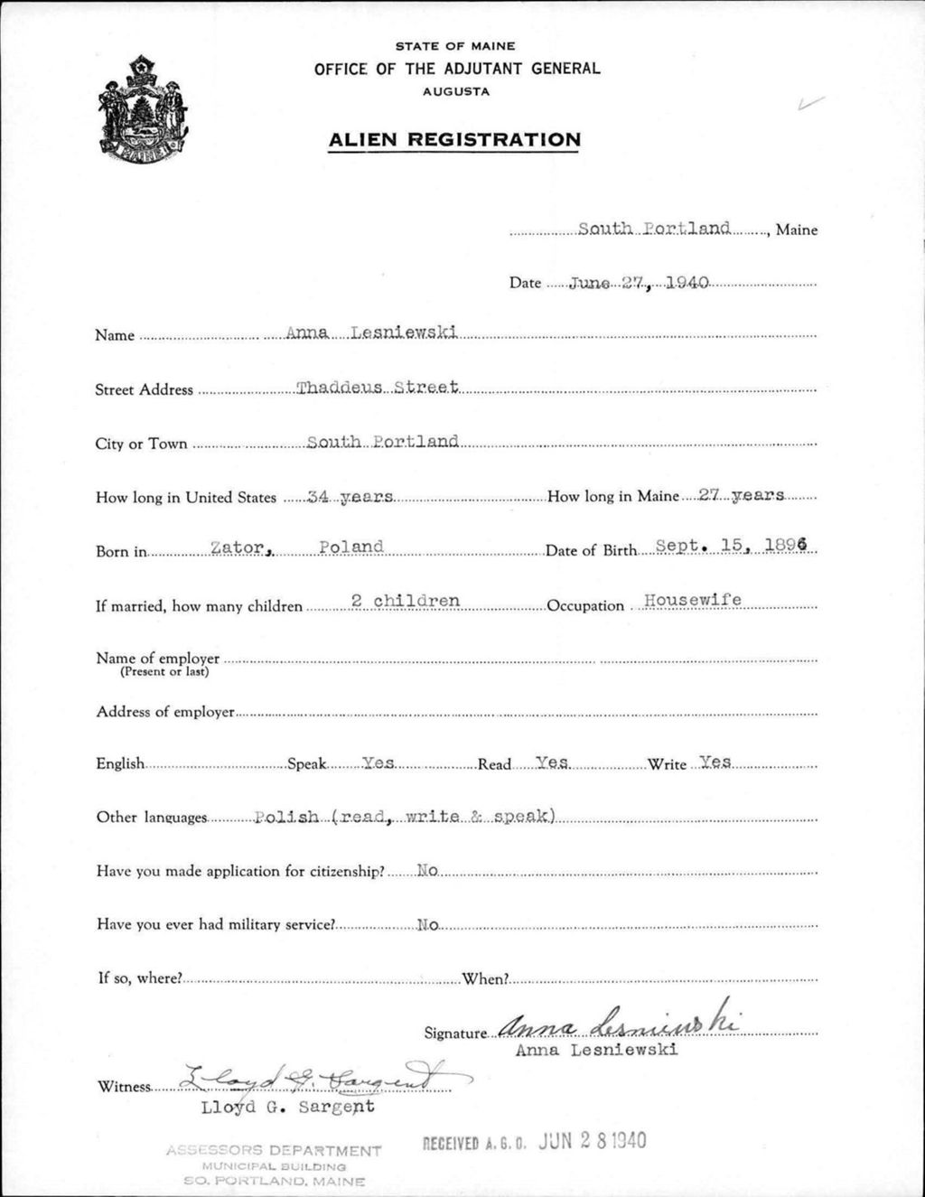 Miniature of Alien Registration- Lesniewski, Anna (South Portland, Cumberland County)