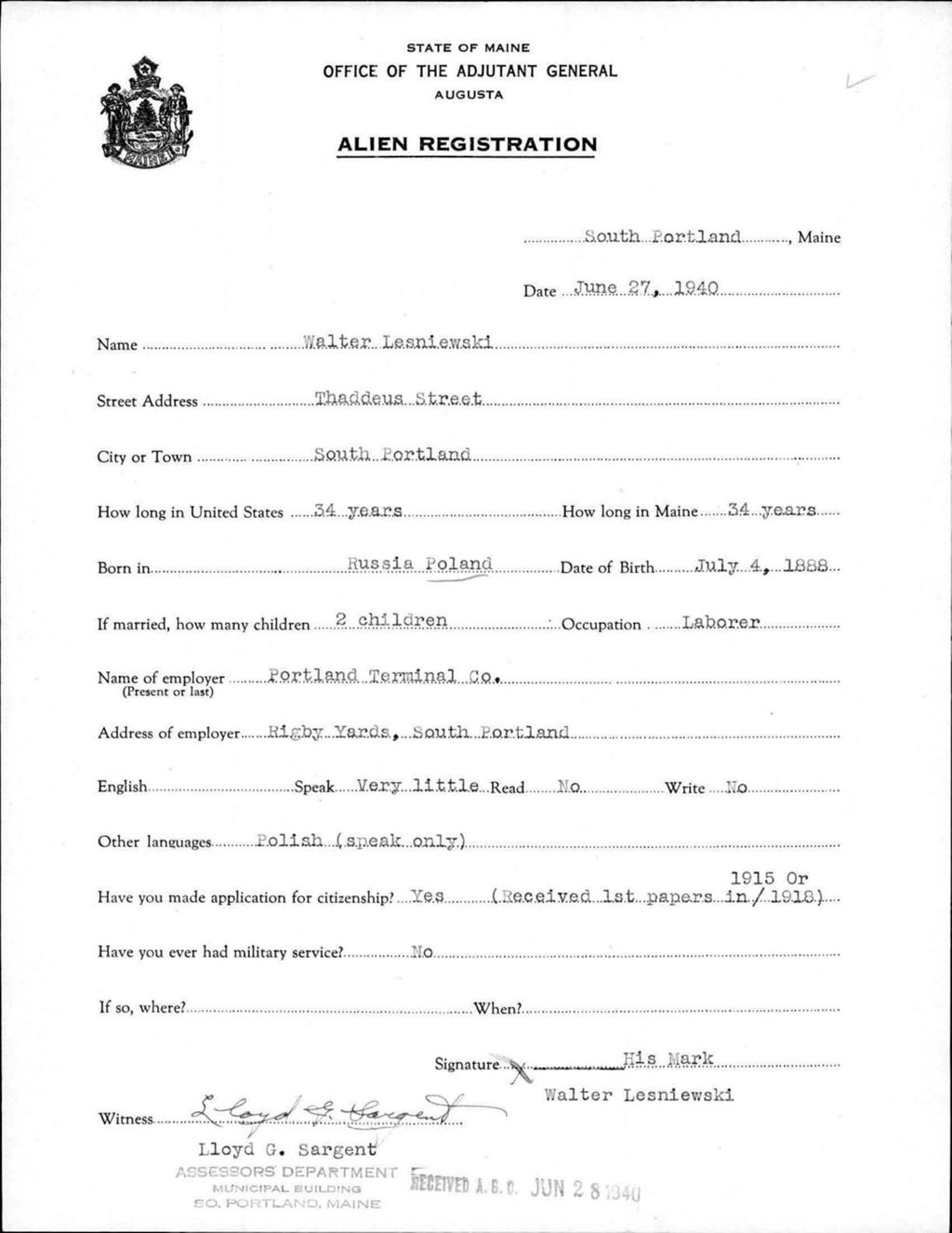 Miniature of Alien Registration- Lesniewski, Walter (South Portland, Cumberland County)