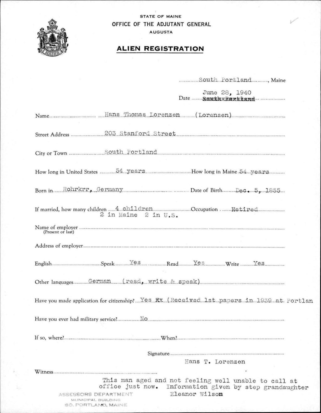 Miniature of Alien Registration- Lorenzen (Lorensen), Hans T. (South Portland, Cumberland County)